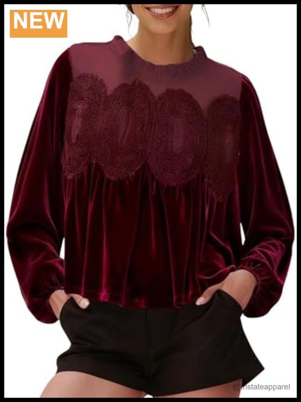 Velvet Lace Mesh Babydoll Top Puff Sleeve Peplum Blouse